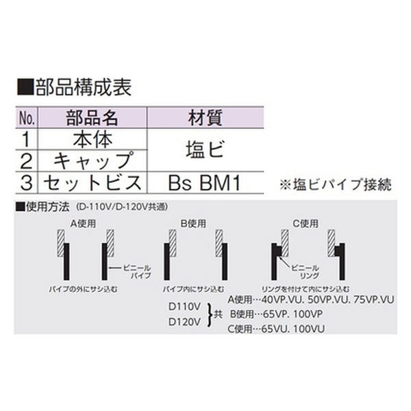 アウス 露出型ベントキャップ・塩ビ製 D-110V 100・75VP・VU共用（直送品）