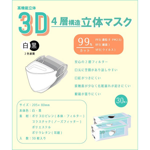 重光商事 四層立体型不織布マスク 黒 30枚入箱×10箱（300枚） JJMASK-3D-BK-300（直送品） - アスクル