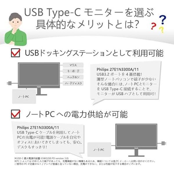 フィリップス 27インチ液晶モニター USB Type-C対応 27E1N3300A/11 1台 - アスクル