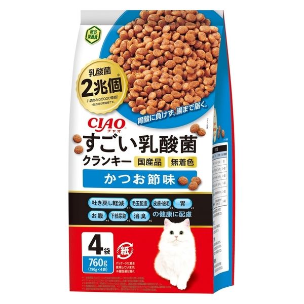 いなば CIAO チャオ すごい乳酸菌クランキー かつお節味 総合栄養食 国産（190g×4袋入）8袋 キャットフード - アスクル