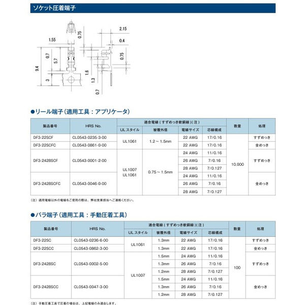 ヒロセ電機 2mm ピッチ・ディスクリートワイヤー結線用 ソケット用圧着端子 リール 金 DF3-2428SCFC 1リール（10000個）（直送品）  - アスクル