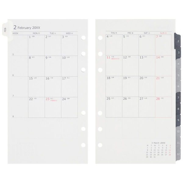 2025年版】リフィル バイブル データプラン 6穴 月間ダイアリー(見開き