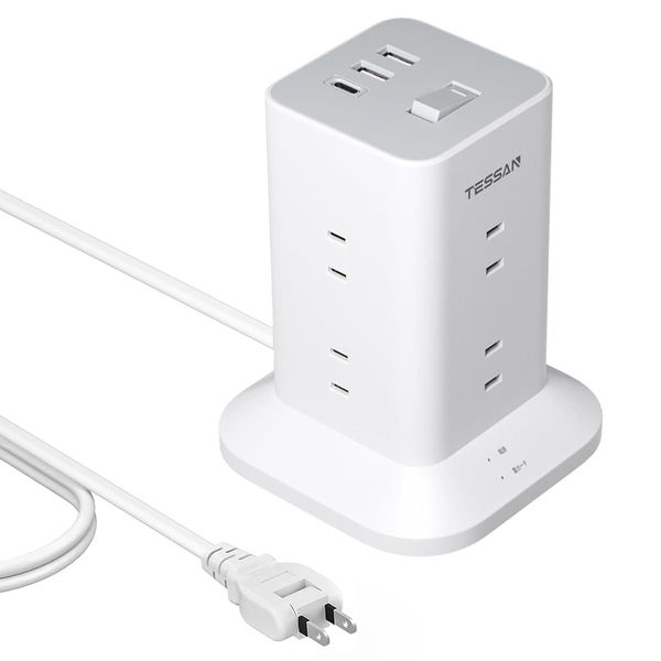 TESSAN タワー型電源タップ 3m AC8口 USB-A2口 USB-C1口 雷ガード