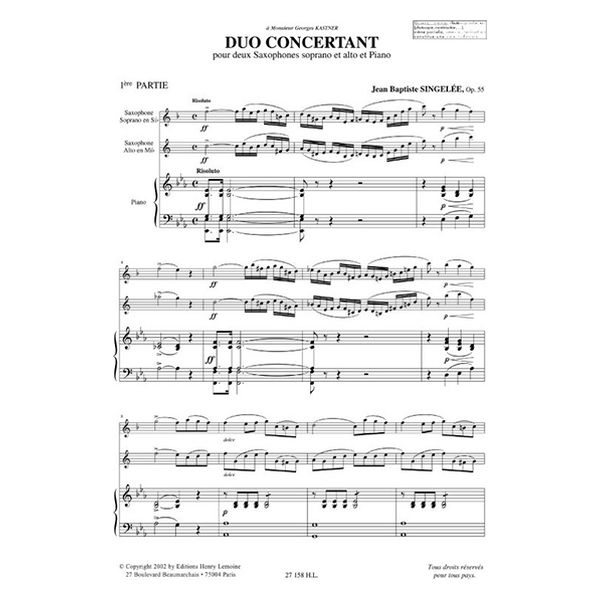 HENRY LEMOINE サンジュレー:協奏的二重奏曲 (SAX DUO/PIANO) HL27158