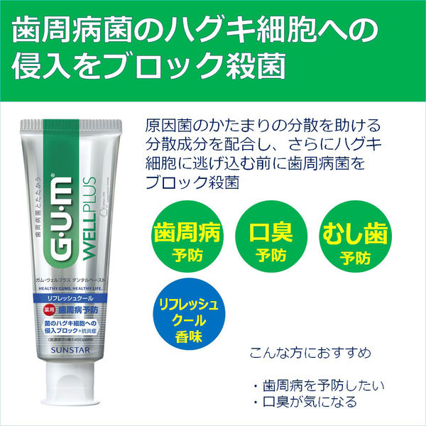 ガム ウェルプラス デンタルペースト リフレッシュクール 125g サンスター GUM 歯磨き粉 ブロック殺菌 歯周病 虫歯 口臭