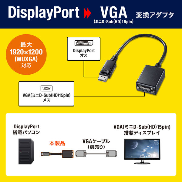 サンワサプライ DisplayPort-VGA変換アダプタ AD-DPV04 1本 - アスクル