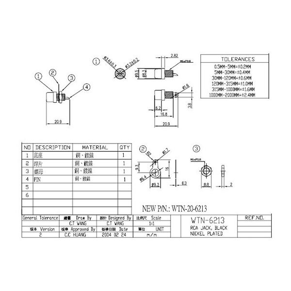 Linkman WTN20F6213GR RCAジャック 赤 6.1Φ穴 パネル用 金メッキ 非絶縁型