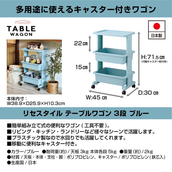 JEJアステージ リセスタイル テーブルワゴン3段 ブルー 幅450 JEJアステージ リセスタイル テーブルワゴン3段 ブルー 幅450
