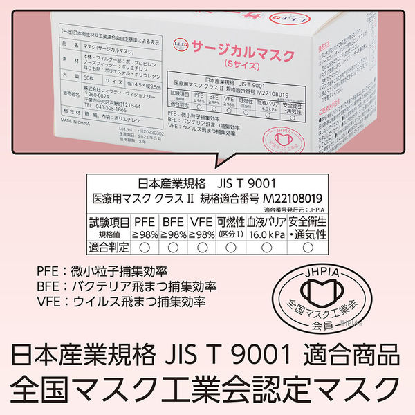 JIS T 9001医療用クラスII適合 サージカルマスク(Sサイズ)白 1箱(50枚