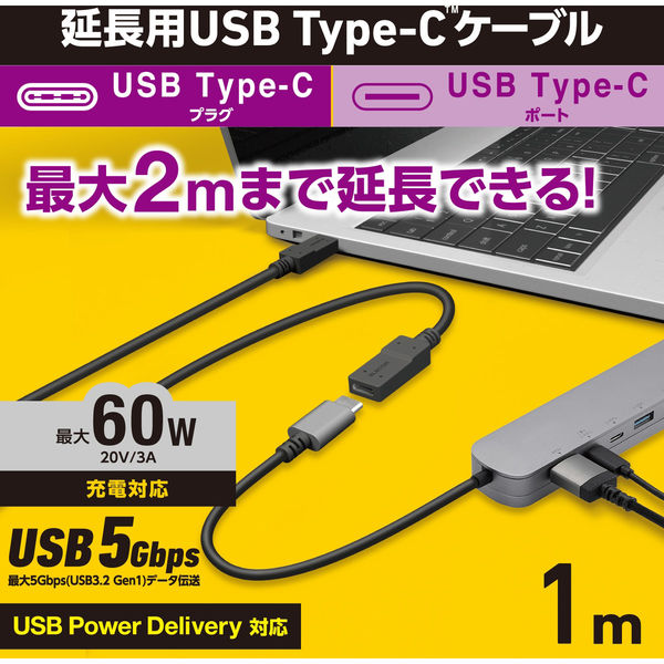 TypeC延長ケーブル 1m PD 60W USB3.2(Gen1) ブラック USB3-ECC10BK