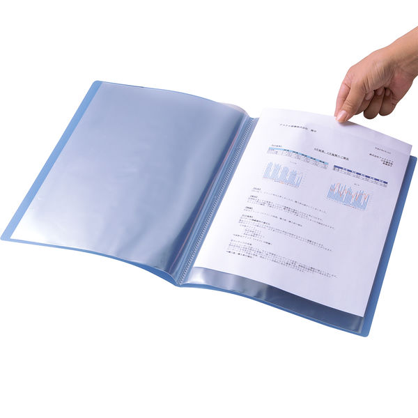 アスクル　クリアファイル　固定式10ポケット　20冊　A4タテ　透明表紙　ブルー オリジナル