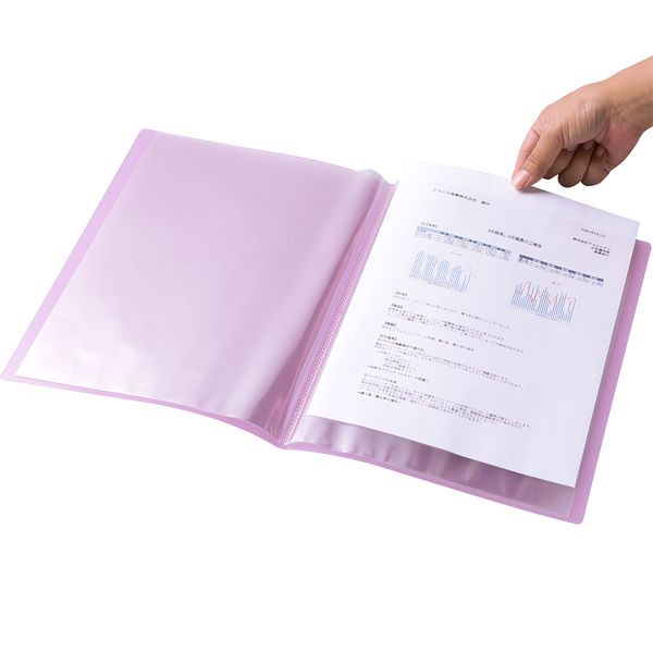 アスクル　クリアファイル　A4タテ　20ポケット　透明表紙　ピンク　固定式　クリアホルダー オリジナル