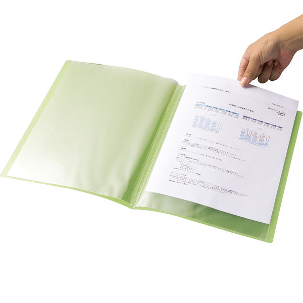 アスクル　クリアファイル　A4タテ　20ポケット　透明表紙　ライトグリーン　黄緑　固定式　クリアホルダー オリジナル