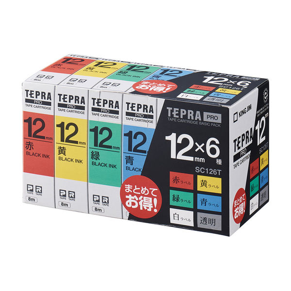 テプラ TEPRA PROテープ スタンダード 幅12mm 6色 各1個(黒文字) SC126T 1セット（6個入） キングジム