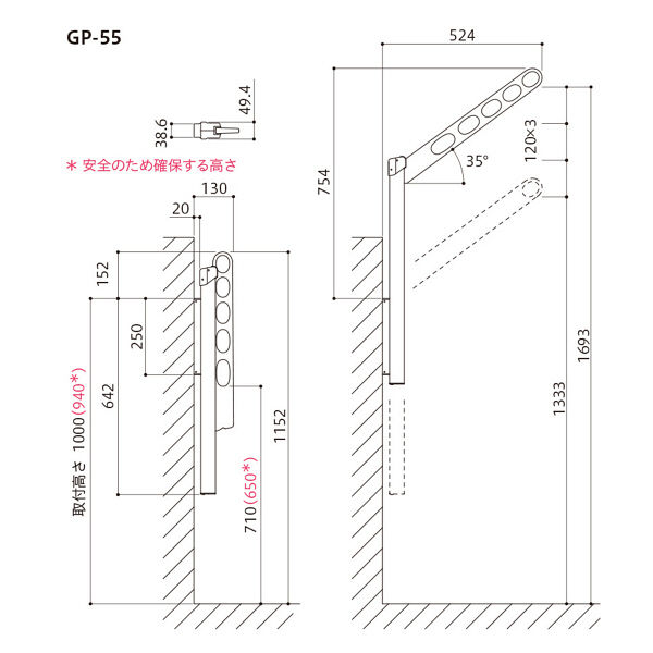 川口技研 腰壁用ホスクリーン上下式 GP型 ステンカラー GP-55-ST 1組（2本）（直送品） - アスクル