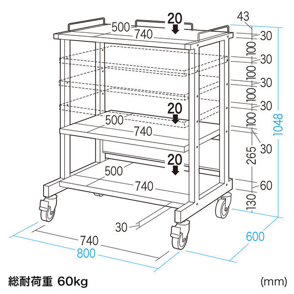 サンワサプライ マルチカート RAC-MULTCT3 幅800×奥行600×高さ1048mm 1台（直送品）