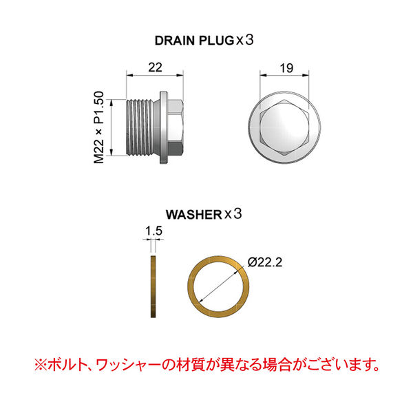 レックス オイルドレンボルト3本(ワッシャー3枚付) M22xP1.5 RT06-1061-2215B 1セット(直送品)