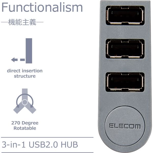 エレコム USBハブ/USB2.0/Aポート×3/直挿し U2H-TZ325BGY/EC 1個 - アスクル