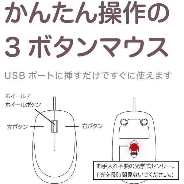 ナカバヤシ 小型 有線 3ボタン光学式マウス レッド MUS-UKT114GR 1個（直送品） - アスクル