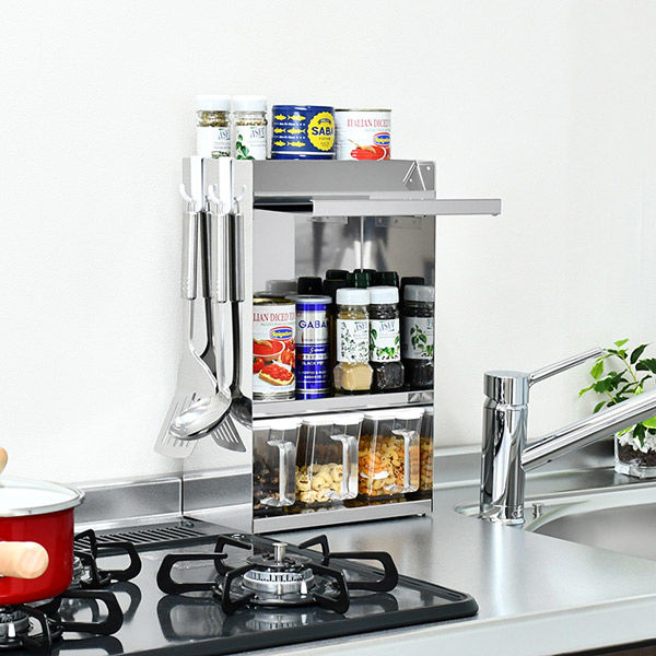 足立製作所 ステンレス製 スパイスラック【フラップ扉&ポット3個付き
