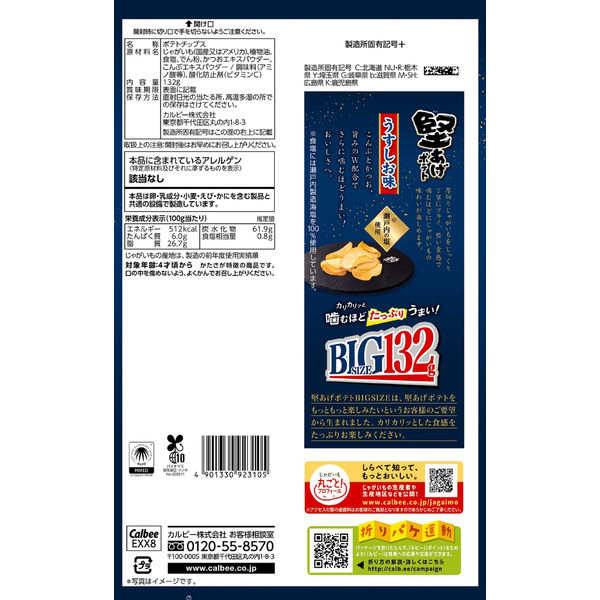 スナック菓子 堅あげポテト うすしお味BIG 132g 1セット（1個×6