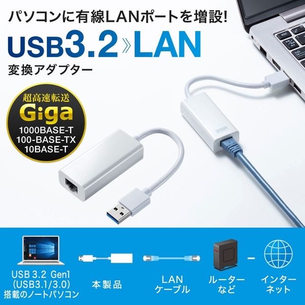 サンワサプライ USB3.2-LAN変換アダプタ(ホワイト) USB-CVLAN1WN
