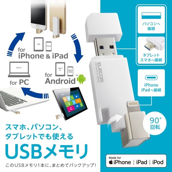 iPhone iPad USBメモリ Apple MFI認証 USB3.0対応 64GB 白 MF