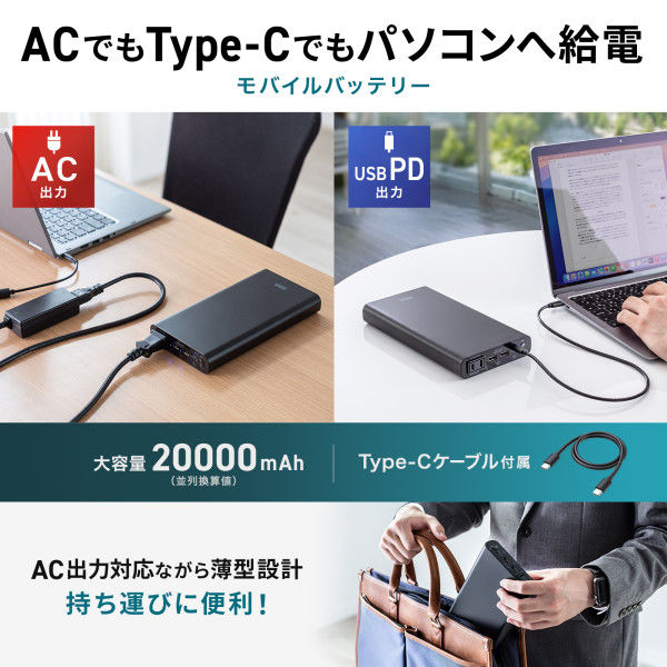 サンワサプライ モバイルバッテリー(20000mAh・AC65W・PD45W) BTL