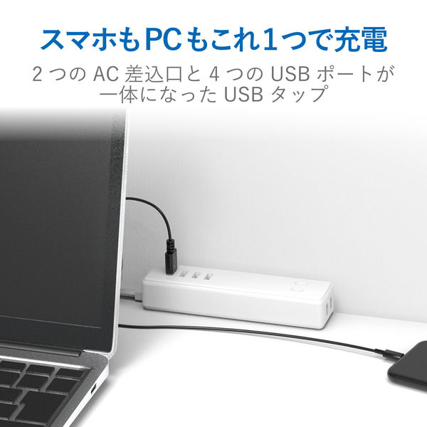 延長コード 電源タップ コンセント×2 USB-A×4 1.5m ほこり防止 白 MOT-U11-2415WH エレコム 1個 - アスクル