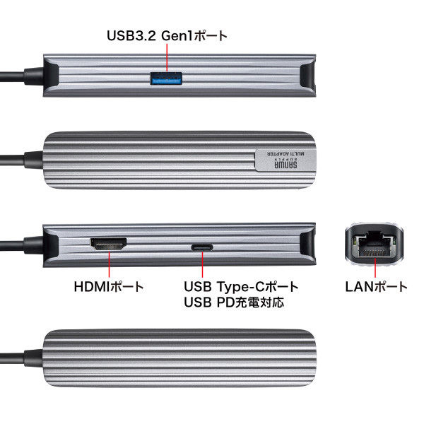 サンワサプライ USB Type-Cマルチ変換アダプタ（HDMI＋LAN付・ケーブル1m） USB-3TCHLP7S-1 1個（直送品） - アスクル