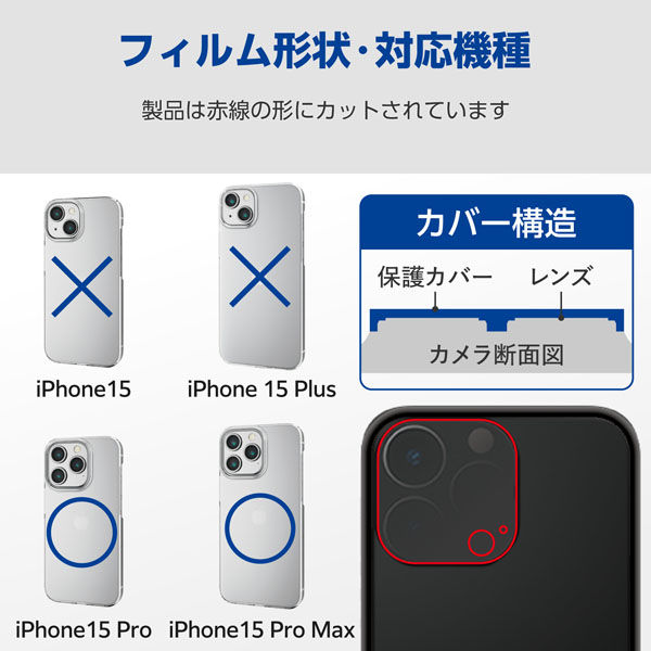 iPhone15 Pro カメラフィルム ガラス フレーム付 表面硬度10H クリア