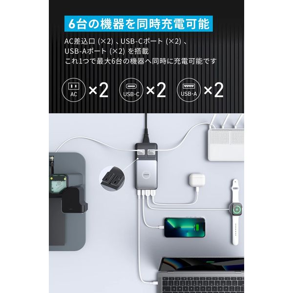 Anker 電源タップ 延長コード 1.5m USB充電器 100W AC差込口×2