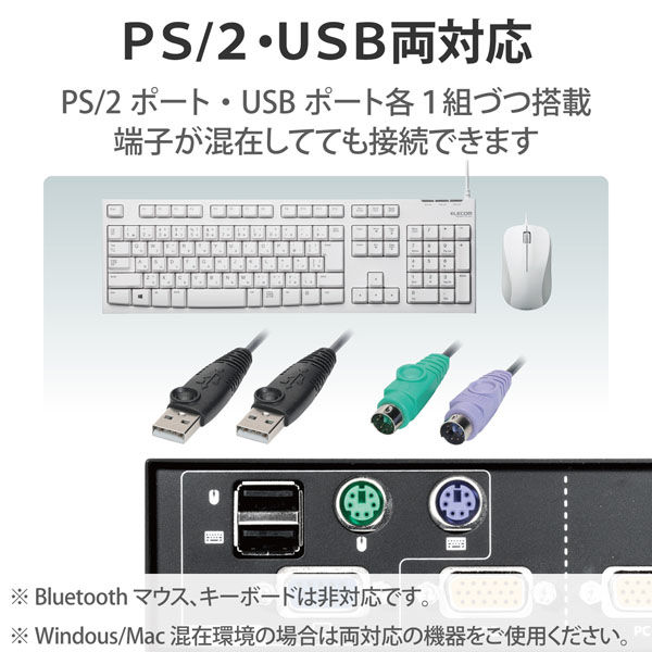 KVMスイッチ パソコン2台 切替器 バスパワー駆動 ディスプレイ 