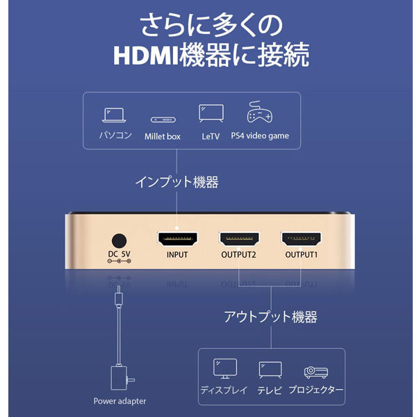 HDMI切替機 HDMIスプリッター 2画面出力 4K30Hz HDMI1.4 / ゴールド AC-2472 1個
