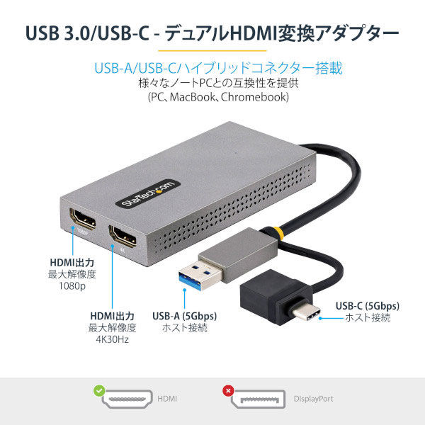 USB - HDMI変換アダプター Type-C & USB-A両対応 2画面出力 107B-USB