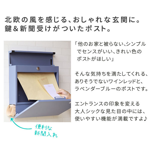 住まいスタイル ミケ 新聞受け付き壁掛けポスト 幅370×奥行105×高さ367mm ラベンダーブルー PST-004BLU 1台（直送品）  アスクル