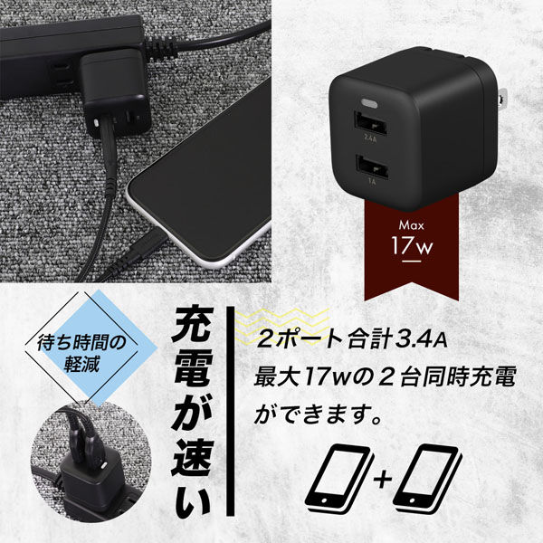 オウルテック 断線に強いLightningケーブル付Type-A 2ポートAC