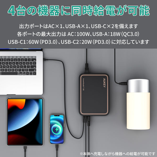 ポータブル電源 小型 99.9Wh 27000mAh 4台同時給電 LEDライト搭載 PS-RE01-BK 1台 AUKEY - アスクル