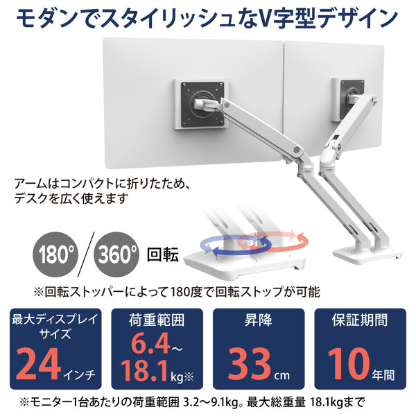 エルゴトロン MXV デュアル モニターアーム スリムタイプ ホワイト 24インチ(18.1kg)まで VESA規格対応 45-496-216  1台（直送品） - アスクル