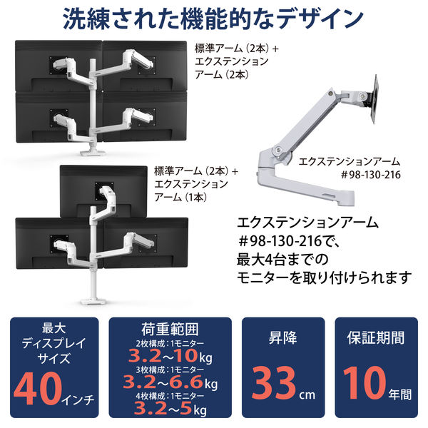 エルゴトロン LX デュアル モニターアーム 縦・横型 長身ポール ホワイト 40インチまで VESA規格対応 45-509-216 1台 - アスクル