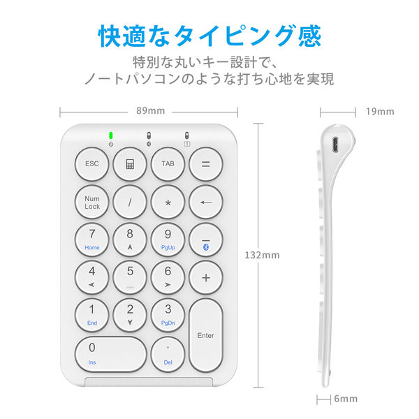 テンキー Bluetooth パンダグラフ 薄型 充電式 Tabキー付 耐久性 IC-KP08-WH ホワイト iClever