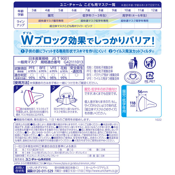 超立体マスク 遮断 子ども用 ホワイト 1セット（20枚入×3袋）ユニ