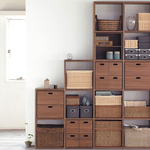MUJI 無印良品 ブリ材 バスケット大✕２(ふた✕２)、小✕３(ふた✕１) 無印良品 (MUJI) 重なるブリ材長方形バスケット・大
