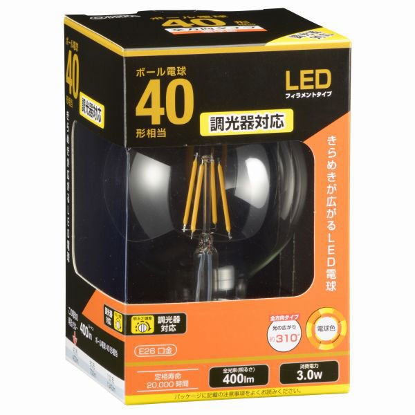 オーム電機 LED電球 フィラメント ボール電球形 E26 40W相当 調光器対応 クリア 電球色 全方向 LDG3L/D C6（直送品）