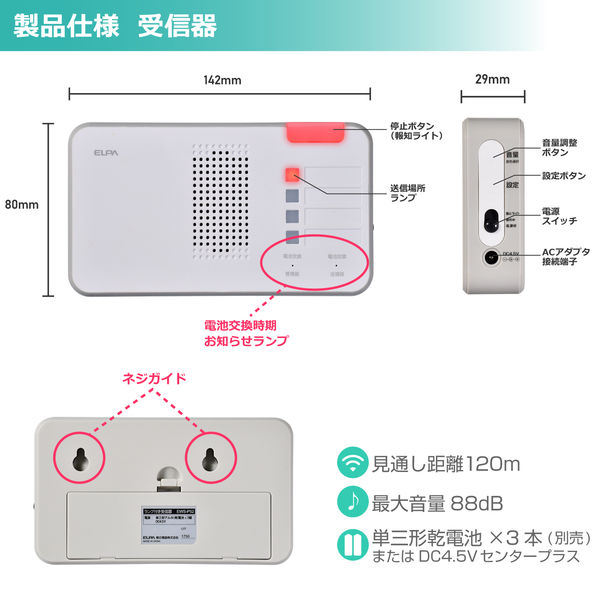 朝日電器 ワイヤレスチャイム受信機 ランプ EWS-P52 1個 - アスクル