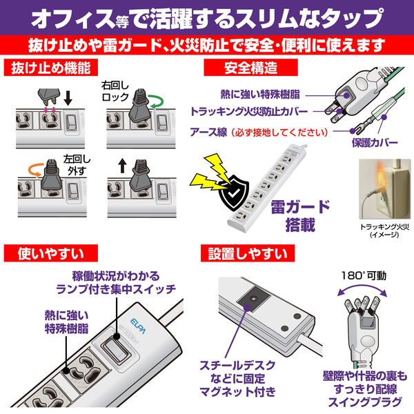 朝日電器 OAマルチタップ 3P7コ2M WBN-S7203B(G) 1個 - アスクル