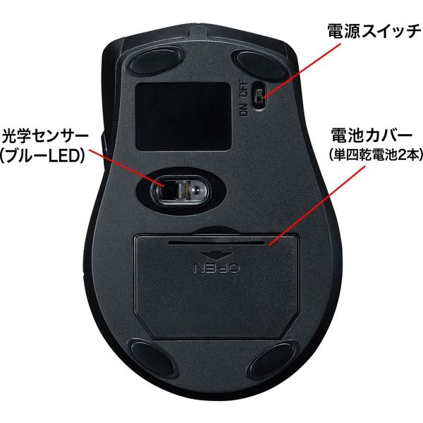 ワイヤレスマウス 無線 静音 5ボタン 中型サイズ ブルーLED MA
