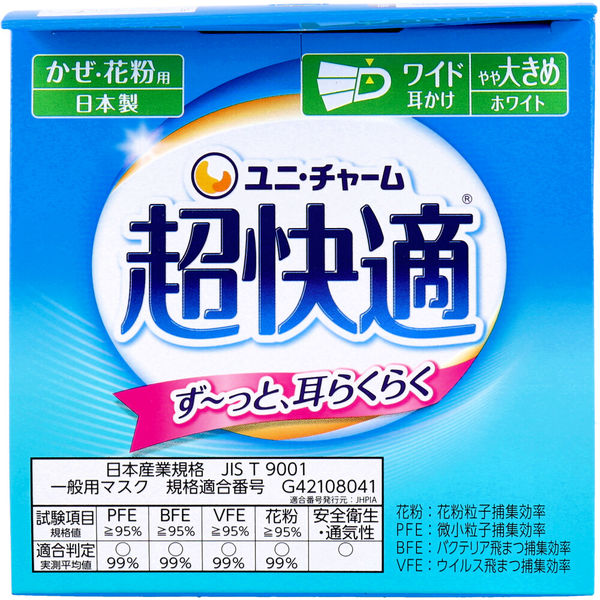ユニ・チャーム 超快適マスク プリーツタイプ かぜ・花粉用 やや大きめサイズ 30枚入　1個(30枚入)×6セット（直送品）