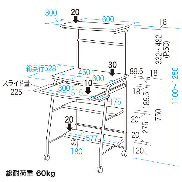 サンワサプライ パソコンデスク 幅600×奥行528×高さ1100～1250mm HLN 