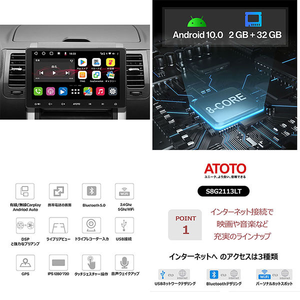 ATOTO S8 車載カーナビ S8G2113LT 10.1インチ 後付け カーオーディオ 1台（直送品） - アスクル